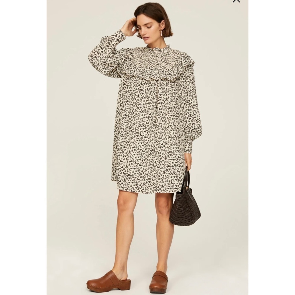 NWT Scotch & Soda Smocked Mini Dress Long Sleeve Black White Floral High Neck